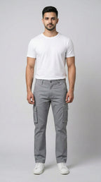 AT7X light grey straight fit cargo pants for men, front view, Pakistan