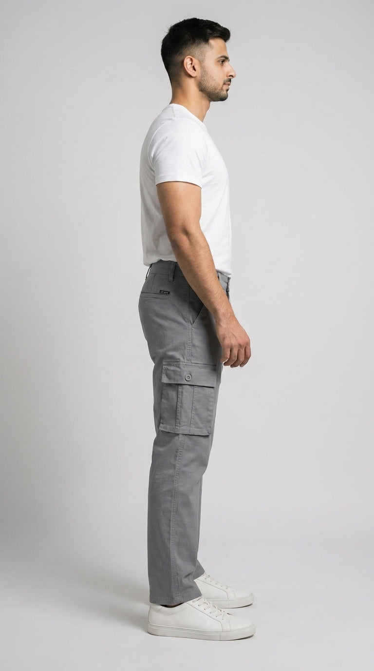 AT7X light grey straight fit cargo pants for men, side view